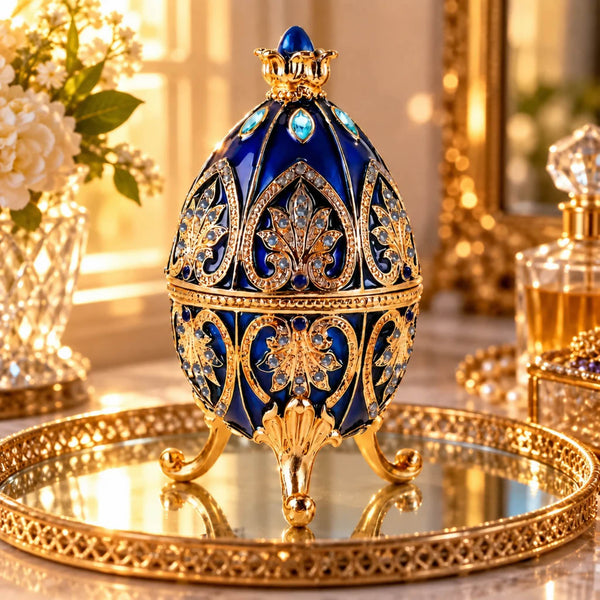Blue and gold jeweled egg trinket box