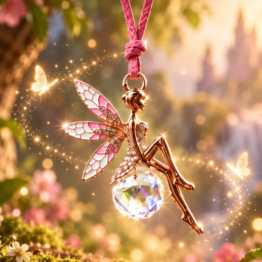 Pink crystal ball fairy hanging car charm with decorative fairy detail and pink sphere.