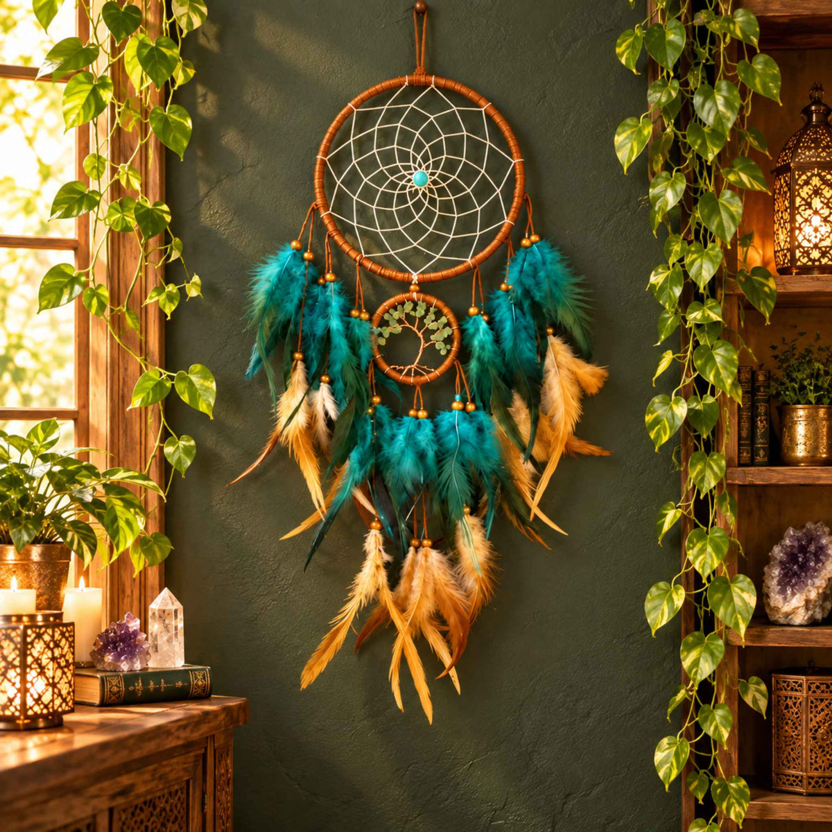 Teal and gold feather dreamcatcher with a hanging Tree of Life hoop on a dark green wall, framed by pothos vines, lanterns and crystals.