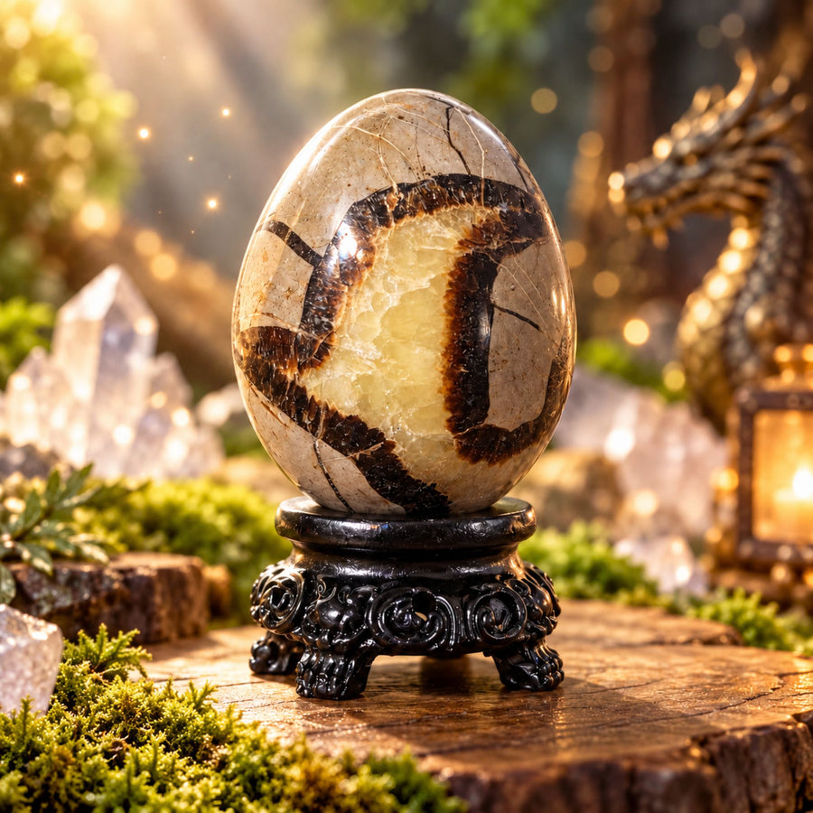 Polished septarian egg on a carved black stand, with a bronze dragon statue and quartz crystals in the background.