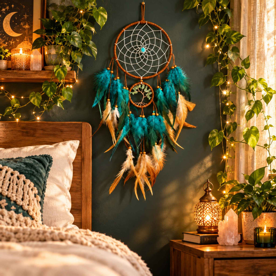 Teal and gold feather dreamcatcher with a hanging Tree of Life hoop