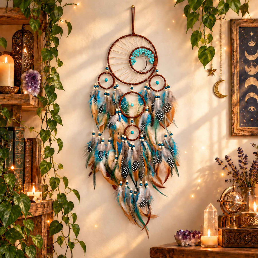 Turquoise Tree of Life dreamcatcher with feathers