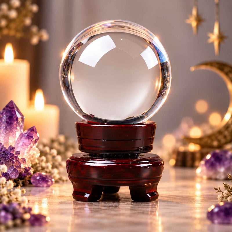 Seer's clear glass crystal ball on a wooden stand
