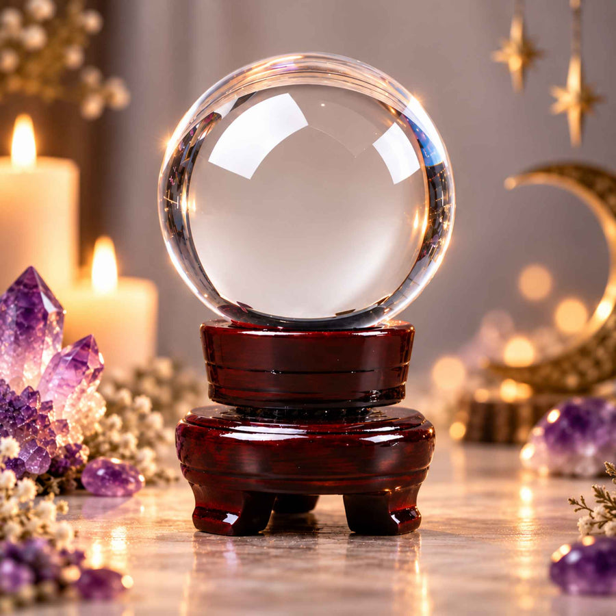 Seer's clear glass crystal ball on a wooden stand