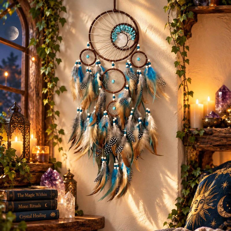 Turquoise Tree of Life dreamcatcher with feathers, another view