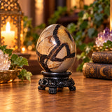 Septarian egg on a black stand surrounded by candles, ivy, amethyst and old books on a wooden table.