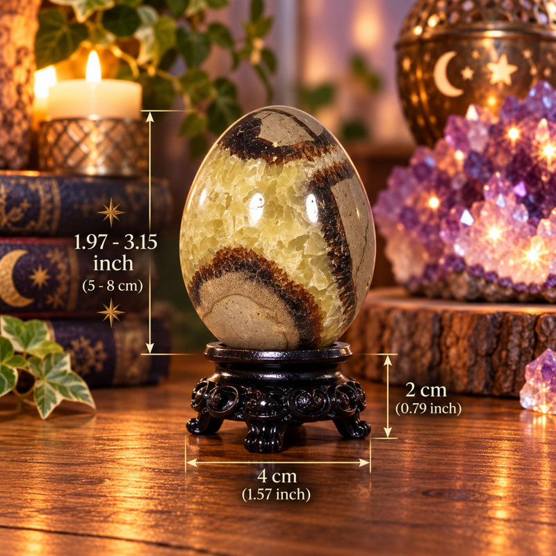 Septarian egg on a black stand with measurements showing 1.97 to 3.15 inches tall and a 1.57 inch wide stand.