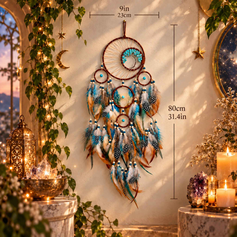 Turquoise Tree of Life dreamcatcher with feathers, another view