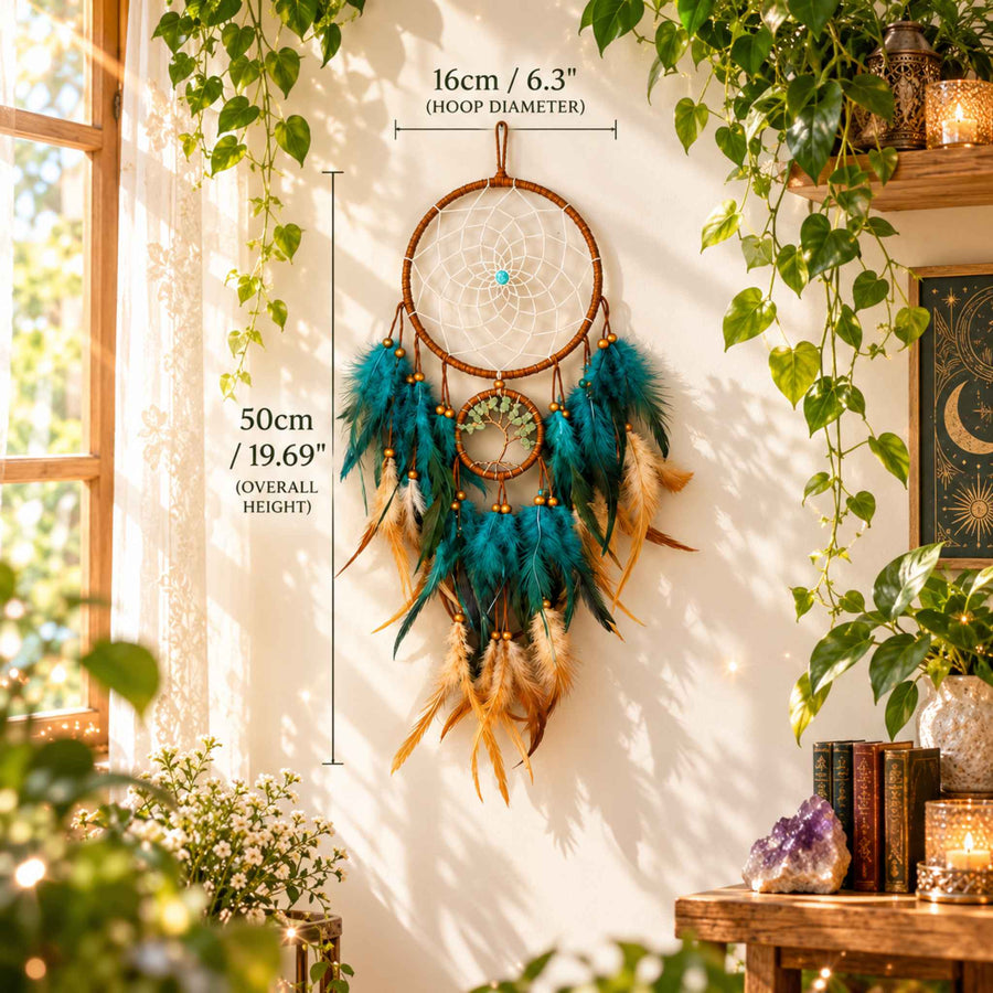 Teal and gold feather dreamcatcher with a hanging Tree of Life hoop