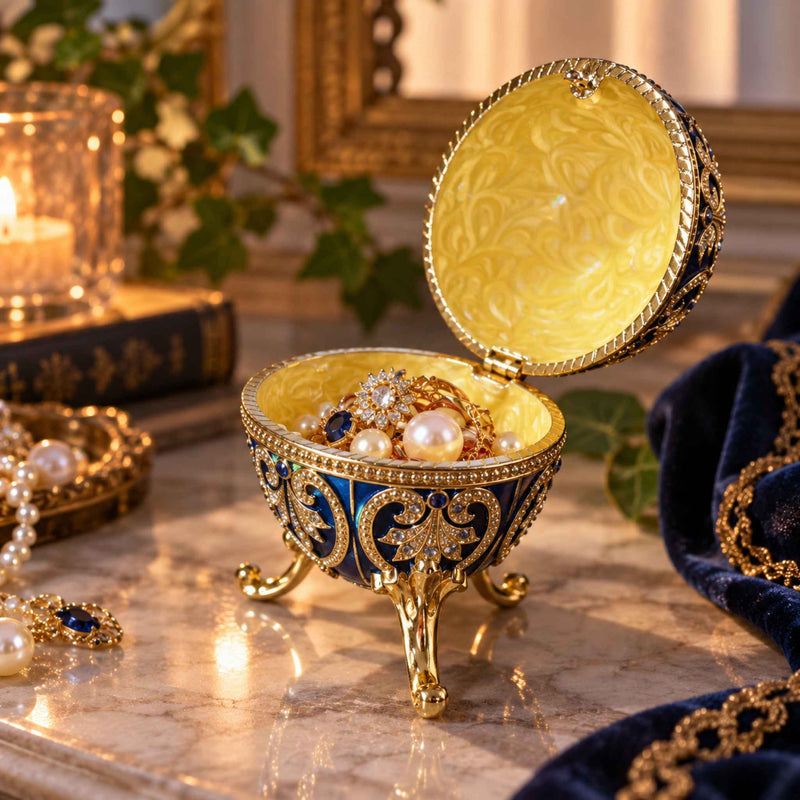 Open blue egg trinket box showing a yellow enamel interior holding rings and pearls