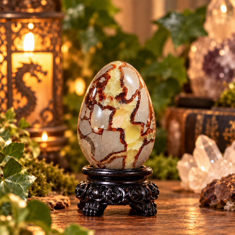 Septarian egg with red-brown veins on a carved black stand beside a candle lantern and quartz crystals.