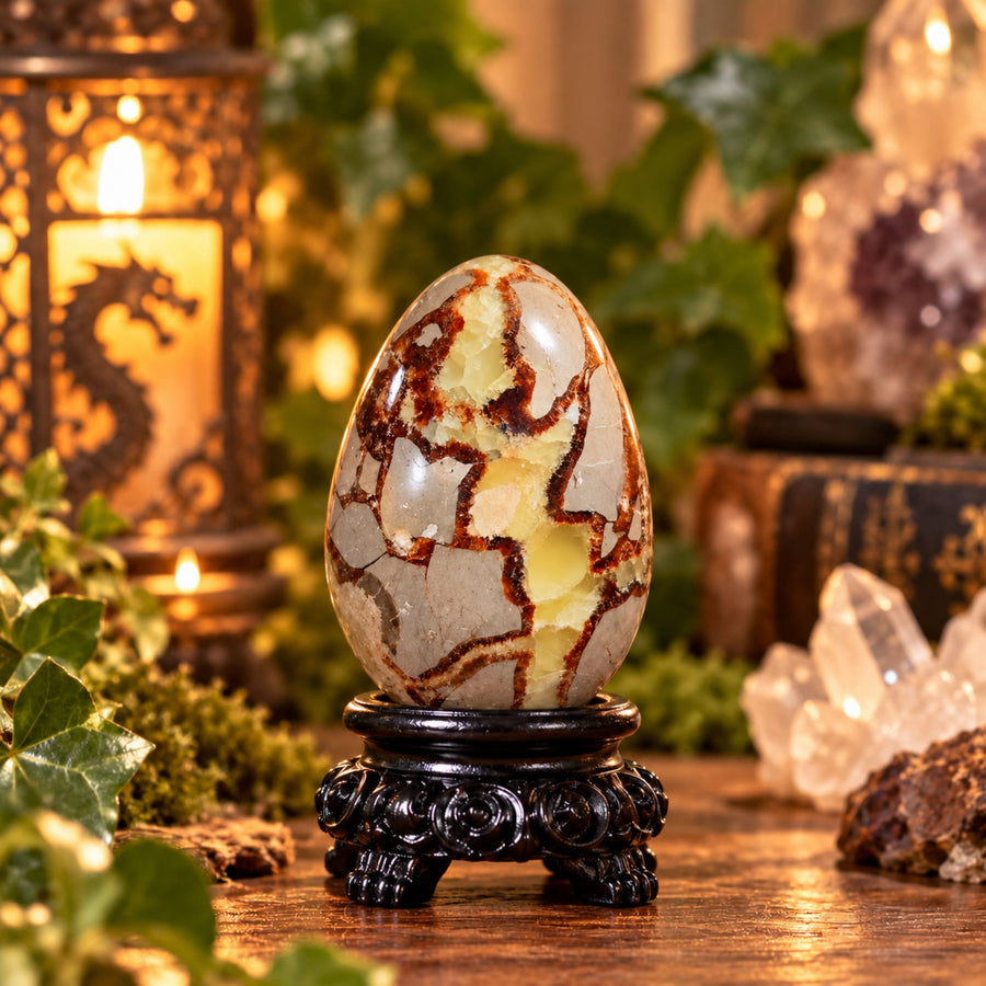 Septarian egg with red-brown veins on a carved black stand beside a candle lantern and quartz crystals.