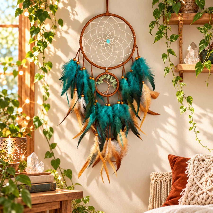 Teal and gold feather dreamcatcher with a hanging Tree of Life hoop