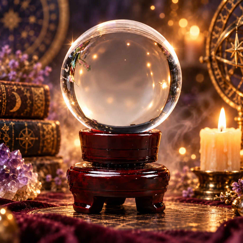 Seer's clear glass crystal ball on a wooden stand, another view