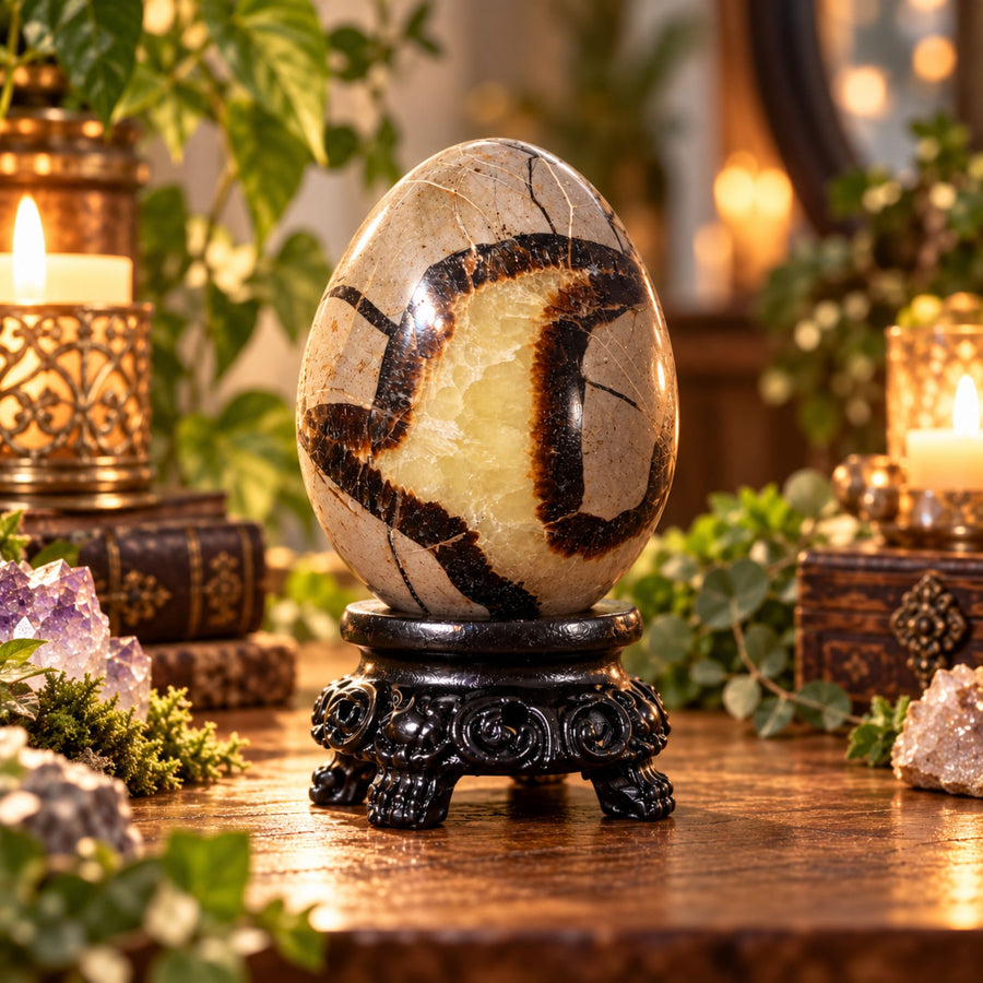 Septarian egg with black veins on a carved black stand next to a brass lantern, ivy and gold-stamped books.